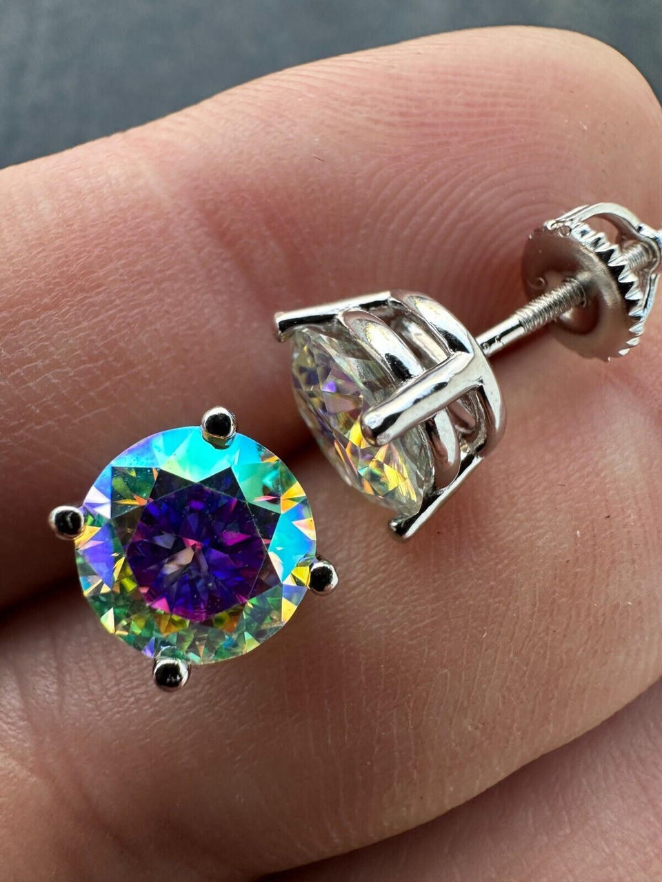 Rainbow Opal Moissanite Screwback Stud Earrings 925 Silver 38mm Pass Diamond Tester