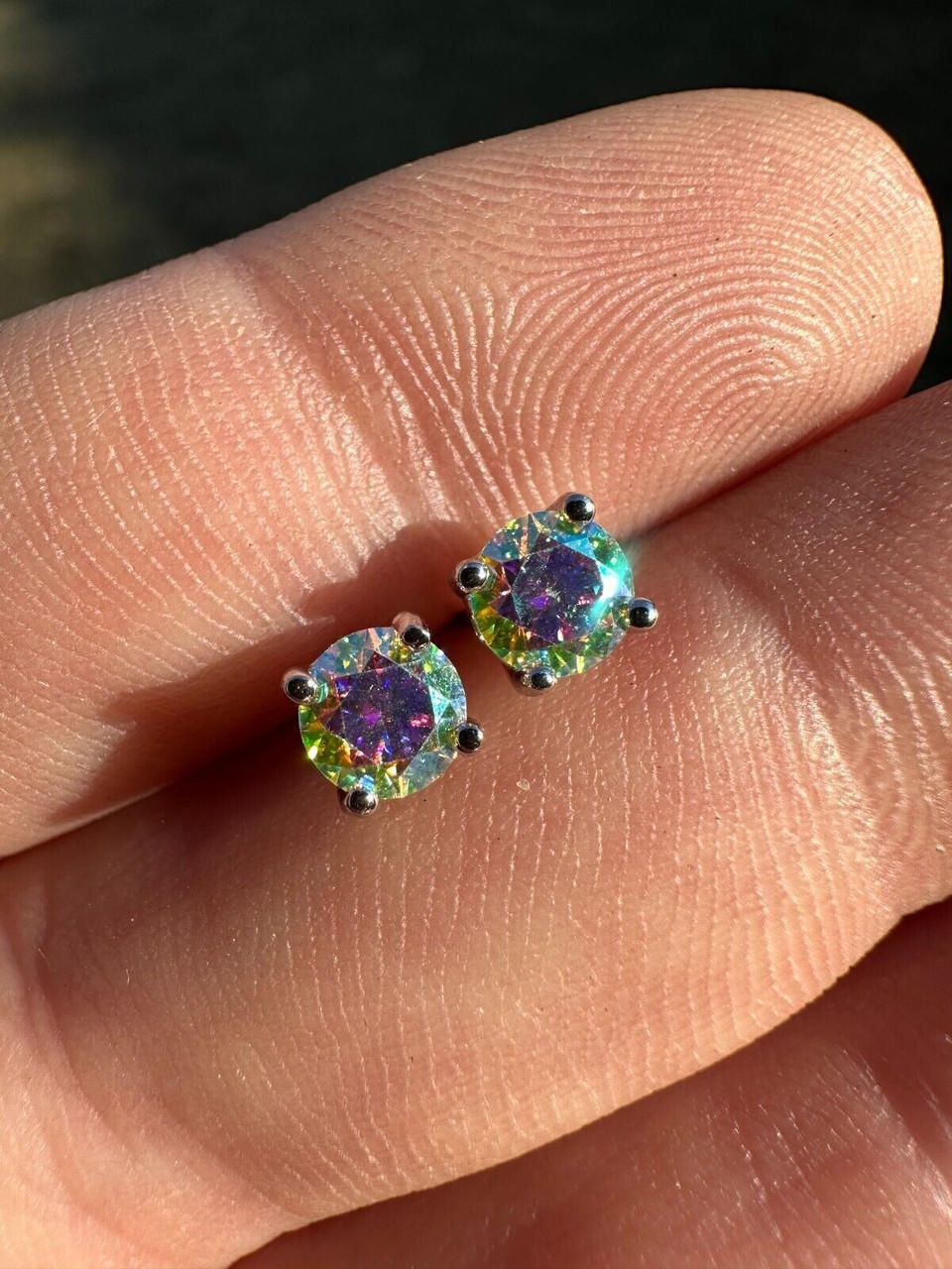 Rainbow Opal Moissanite Screwback Stud Earrings 925 Silver 38mm Pass Diamond Tester