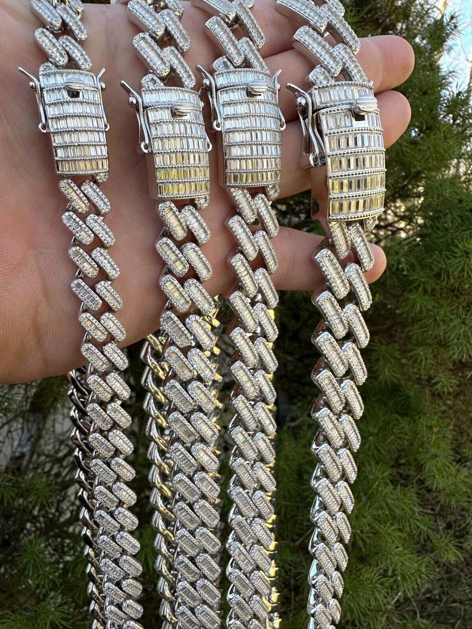 Baguette MOISSANITE Real Miami Cuban Link Chain Iced Solid 925