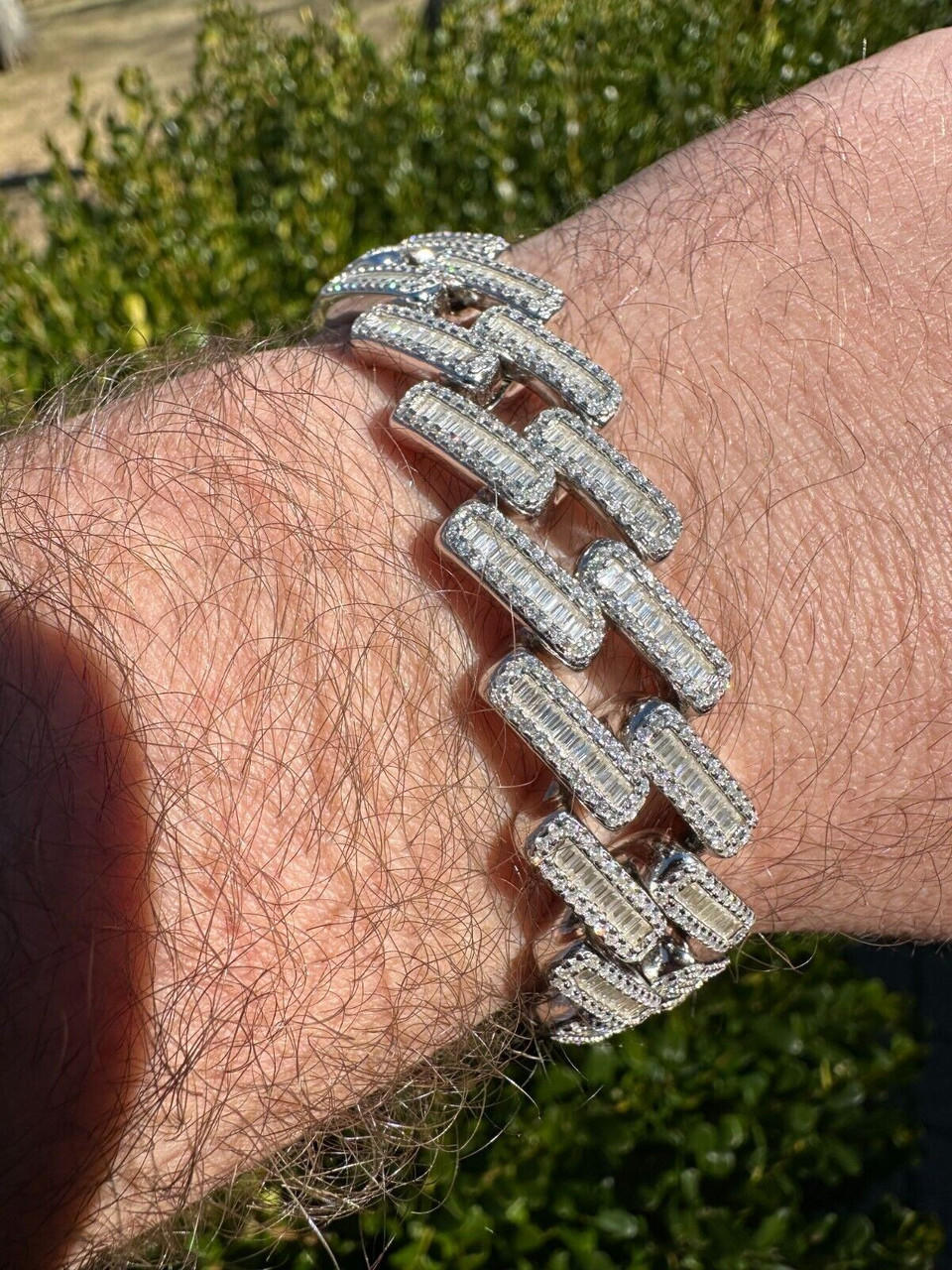 Baguette MOISSANITE Real Miami Cuban Link Bracelet Iced Solid 925 Silver  12-22mm