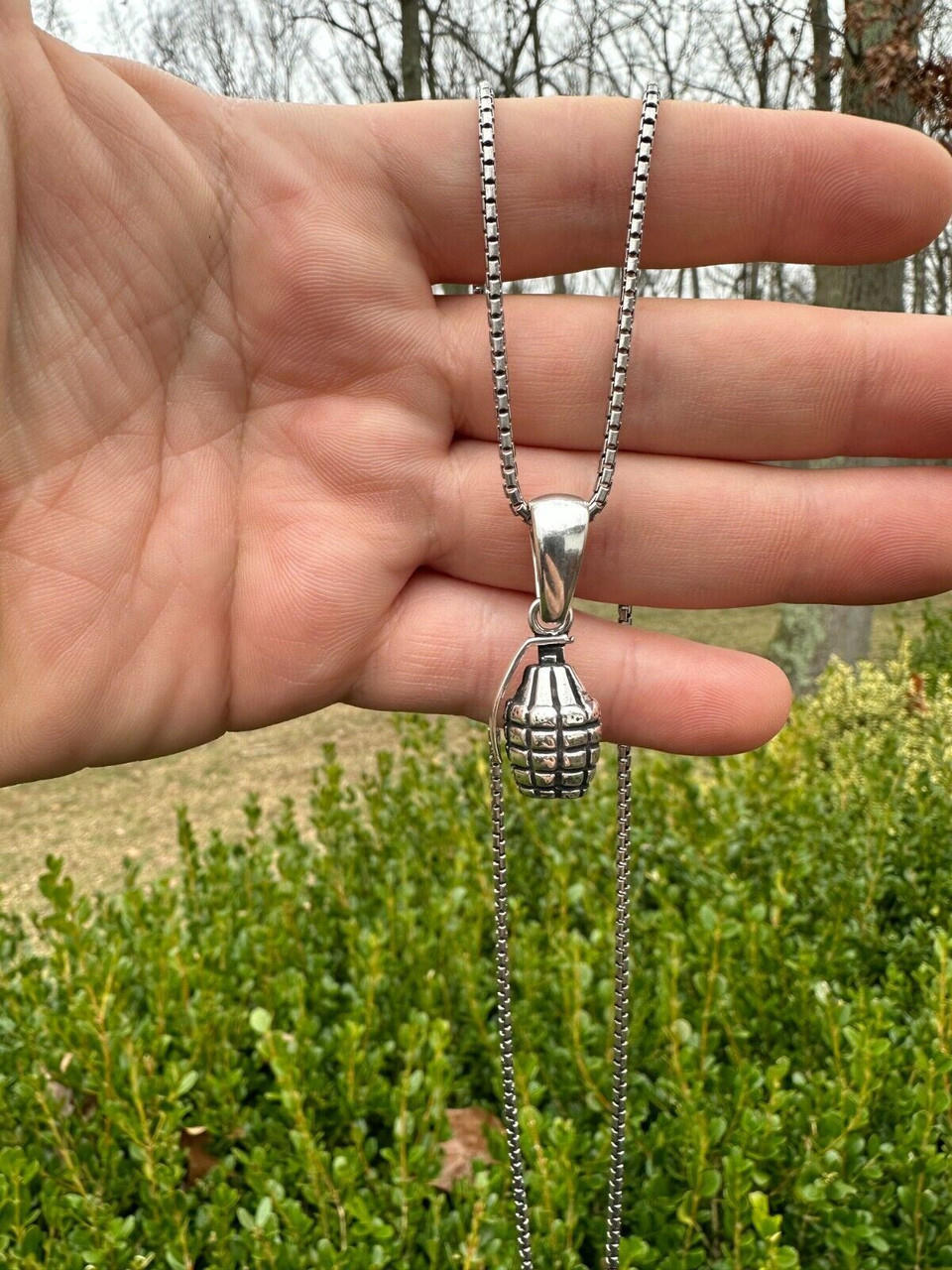 Mens Real 925 Sterling Silver Hand Grenade Bomb Pendant Necklace