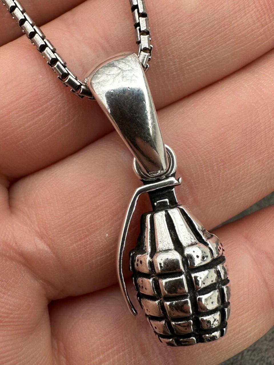 Mens Real 925 Sterling Silver Hand Grenade Bomb Pendant