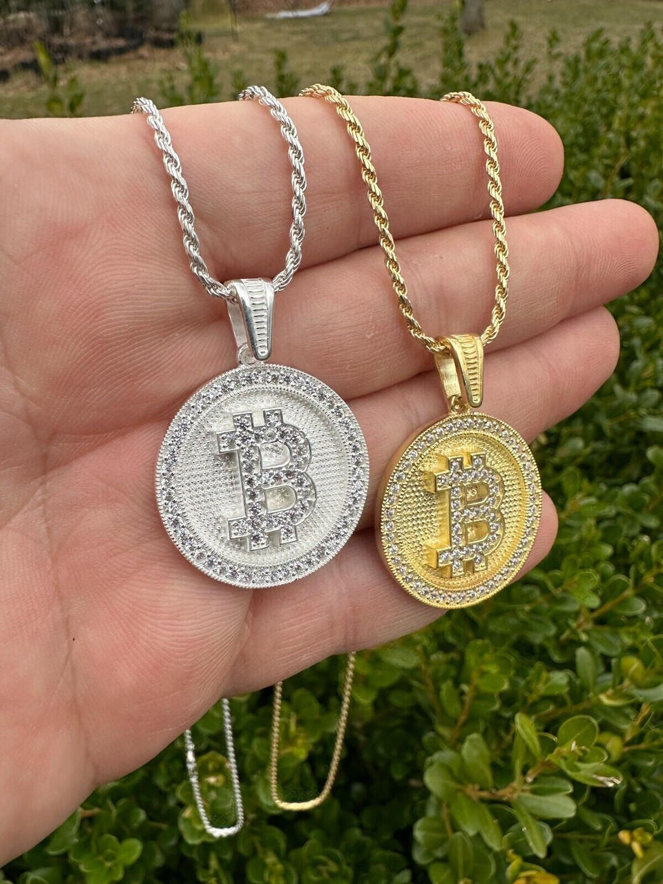 Real 925 Silver 14K Gold Plated Iced Letter B BITCOIN CZ Pendant