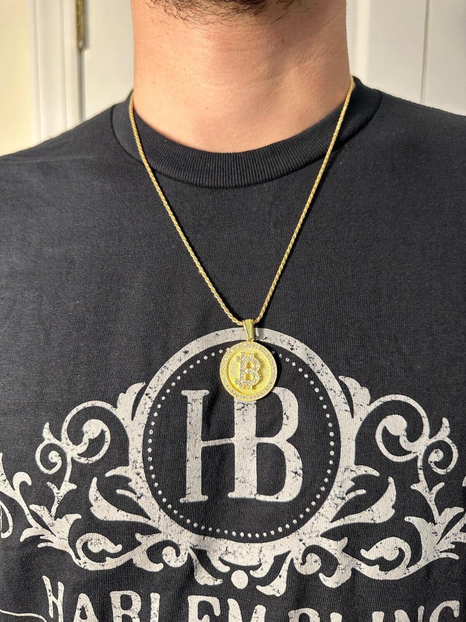 Real 925 Silver 14K Gold Plated Iced Letter B BITCOIN CZ Pendant