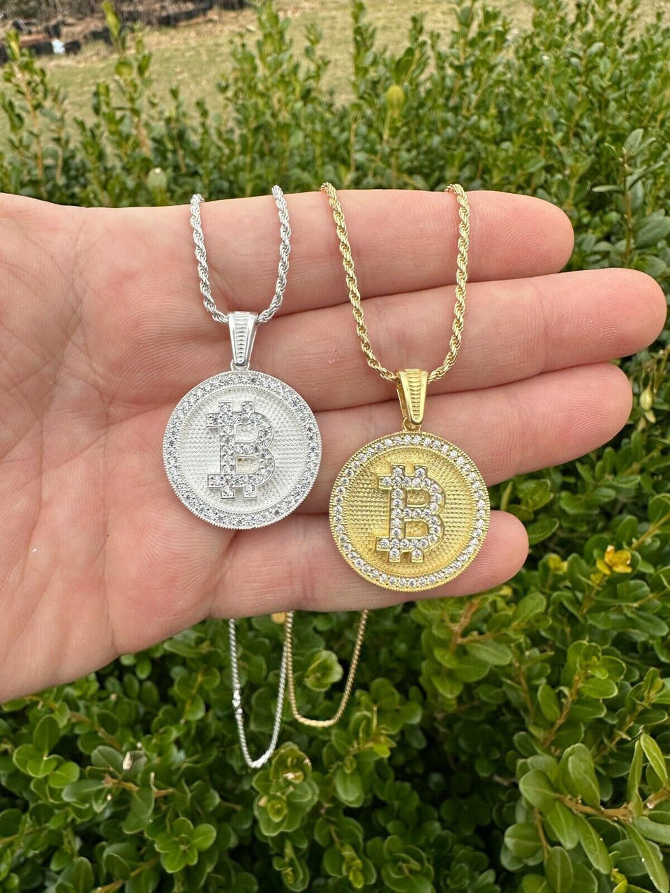 Real 925 Silver 14K Gold Plated Iced Letter B BITCOIN CZ Pendant