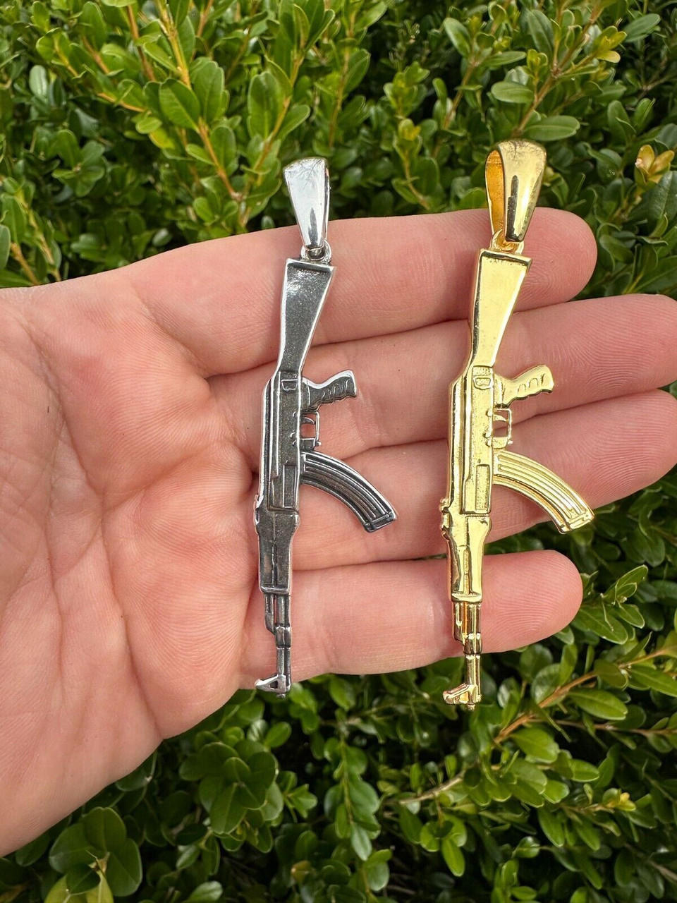 Real Solid 925 Silver / 14k Gold Mens AK47 Gun Rifle Pendant Necklace Hip  Hop