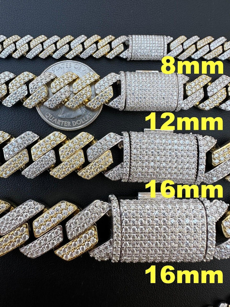 MOISSANITE Real Miami Cuban Link Prong Chain Ice Gold Plated 925 Silver  Necklace