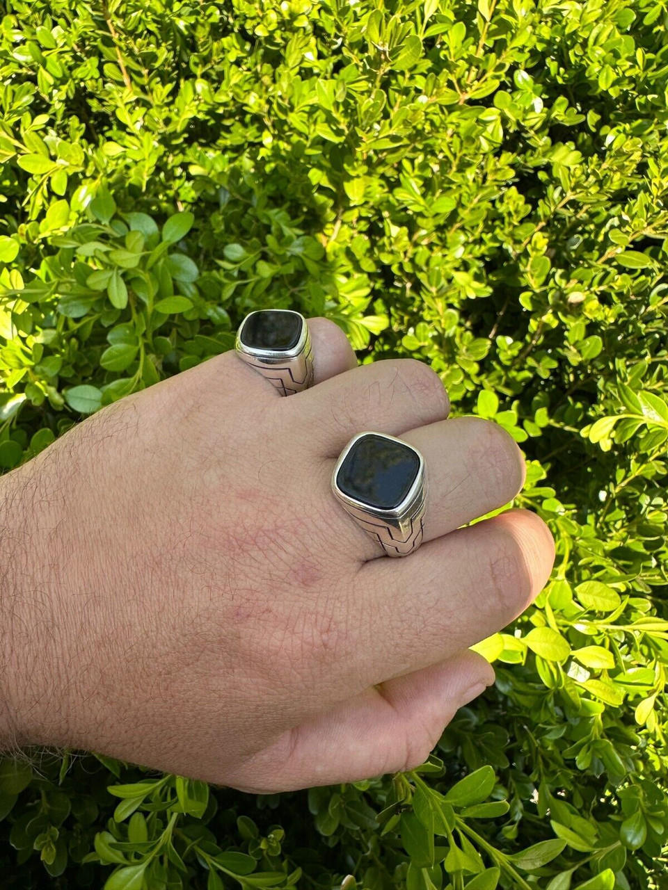 Solid 925 Sterling Silver Diamond Shape Black Onyx Mens Ring