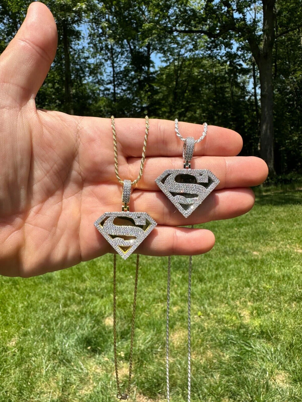 MOISSANITE Real 925 Silver/Gold Plated Iced SUPERMAN Logo Out