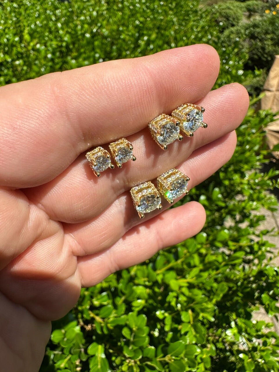 MOISSANITE Men 14k Gold Plated Earrings Square Baguette Studs Pass Diamond  Test