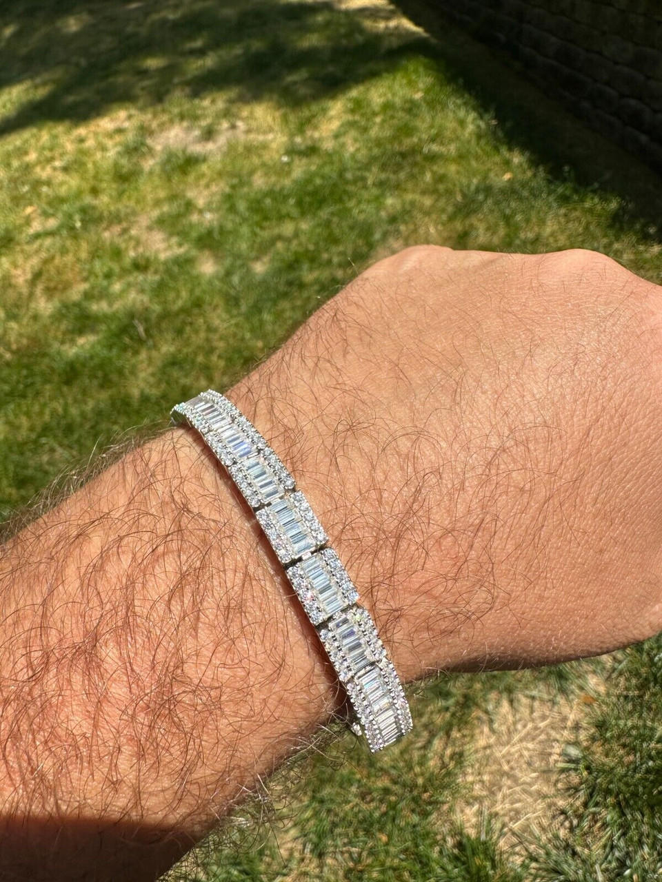 Men's Real Baguette 8mm MOISSANITE Tennis Bracelet Solid 925 Silver Hip Hop Iced