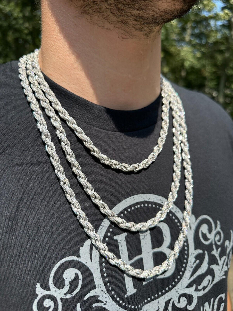 MOISSANITE Iced 7.5mm Rope Chain Necklace Real 925 Silver Men's Hip Hop  16-28