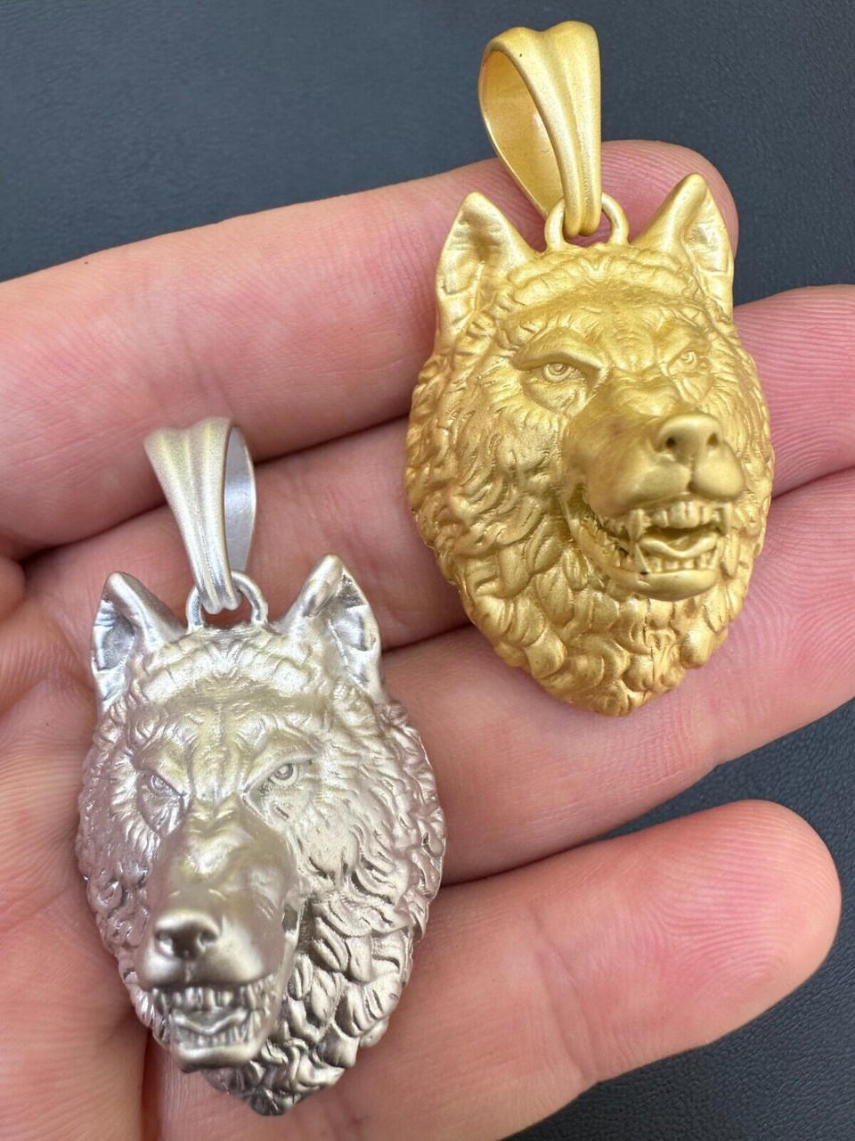 Real Solid 925 Sterling Silver / 14k Gold Wolf Head High Detailed