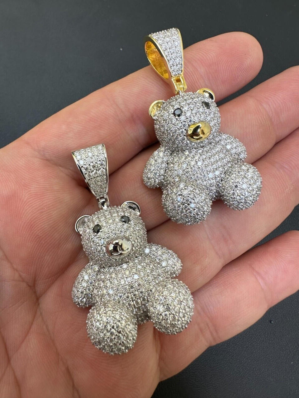 MOISSANITE Real 925 Silver / Gold Iced 3D Teddy Bear Pendant Hip Hop  Necklace