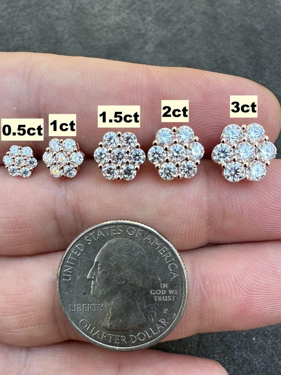 Moissanite Studs Cluster Flower Set Earrings Real 14k Rose Gold