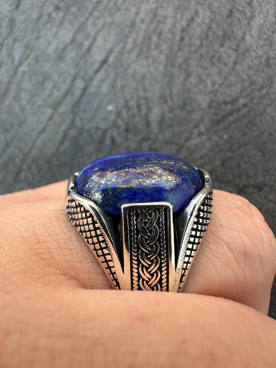 Titanium Men's Ring Lapis Lazuli Inlay & Blue Diamonds