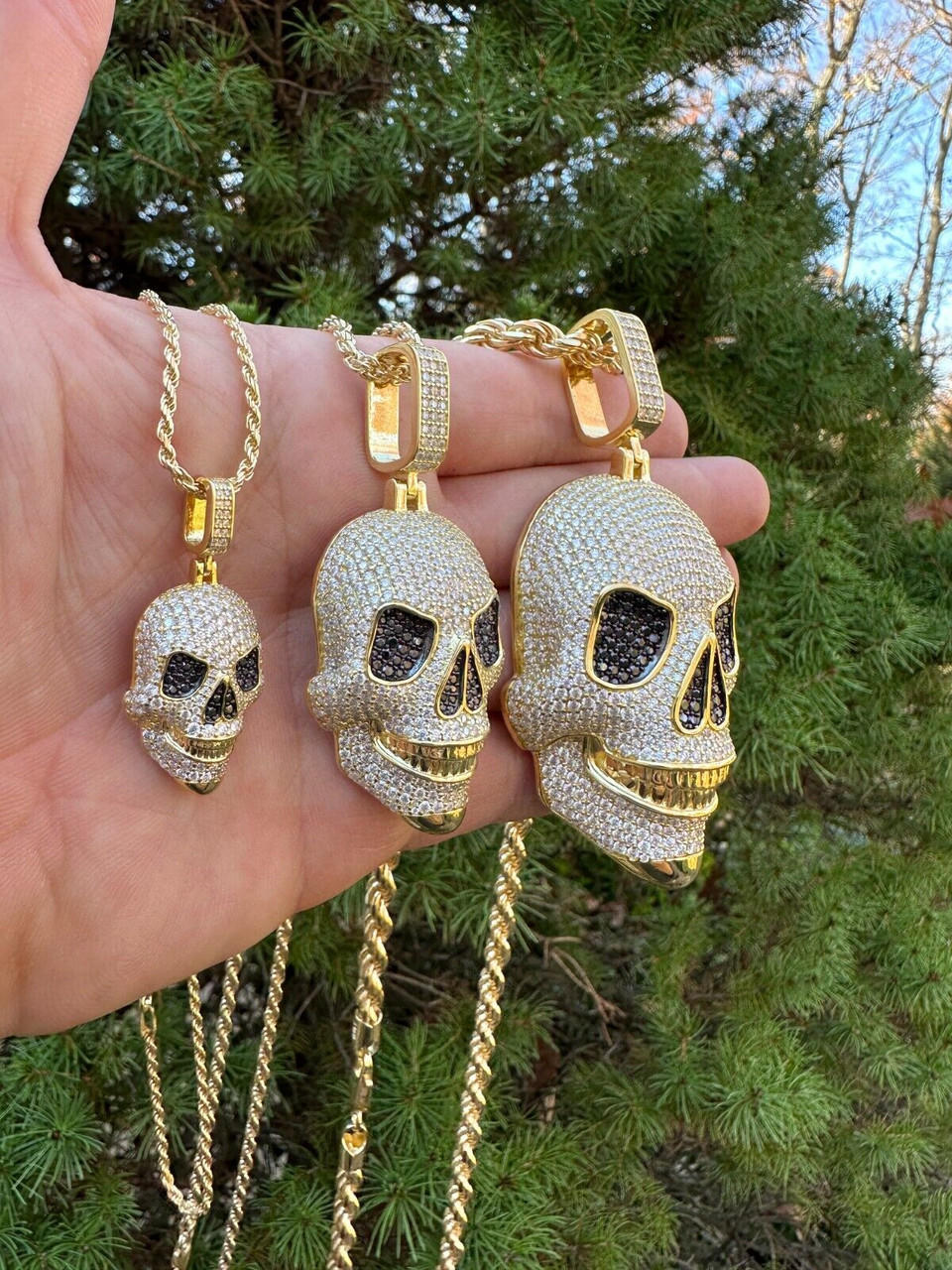 MOISSANITE Skull Iced Fully 3D Hip Hop Pendant Necklace 14k Gold Over ...