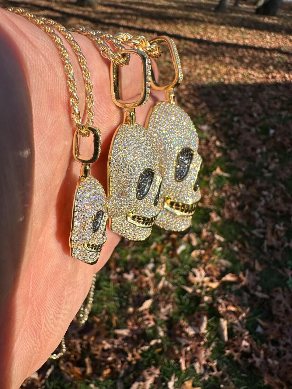 MOISSANITE Skull Iced Fully 3D Hip Hop Pendant Necklace 14k Gold Over ...