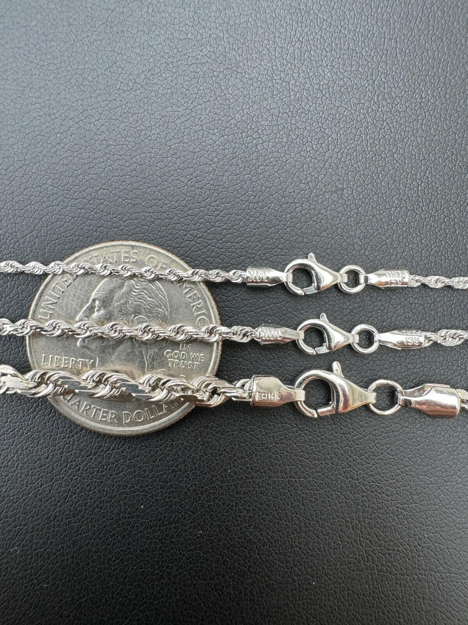 14K Solid White Gold Rope Chain Necklace - Diamond Cut, 1.5mm Wide, 16\" To 24\" Lengths