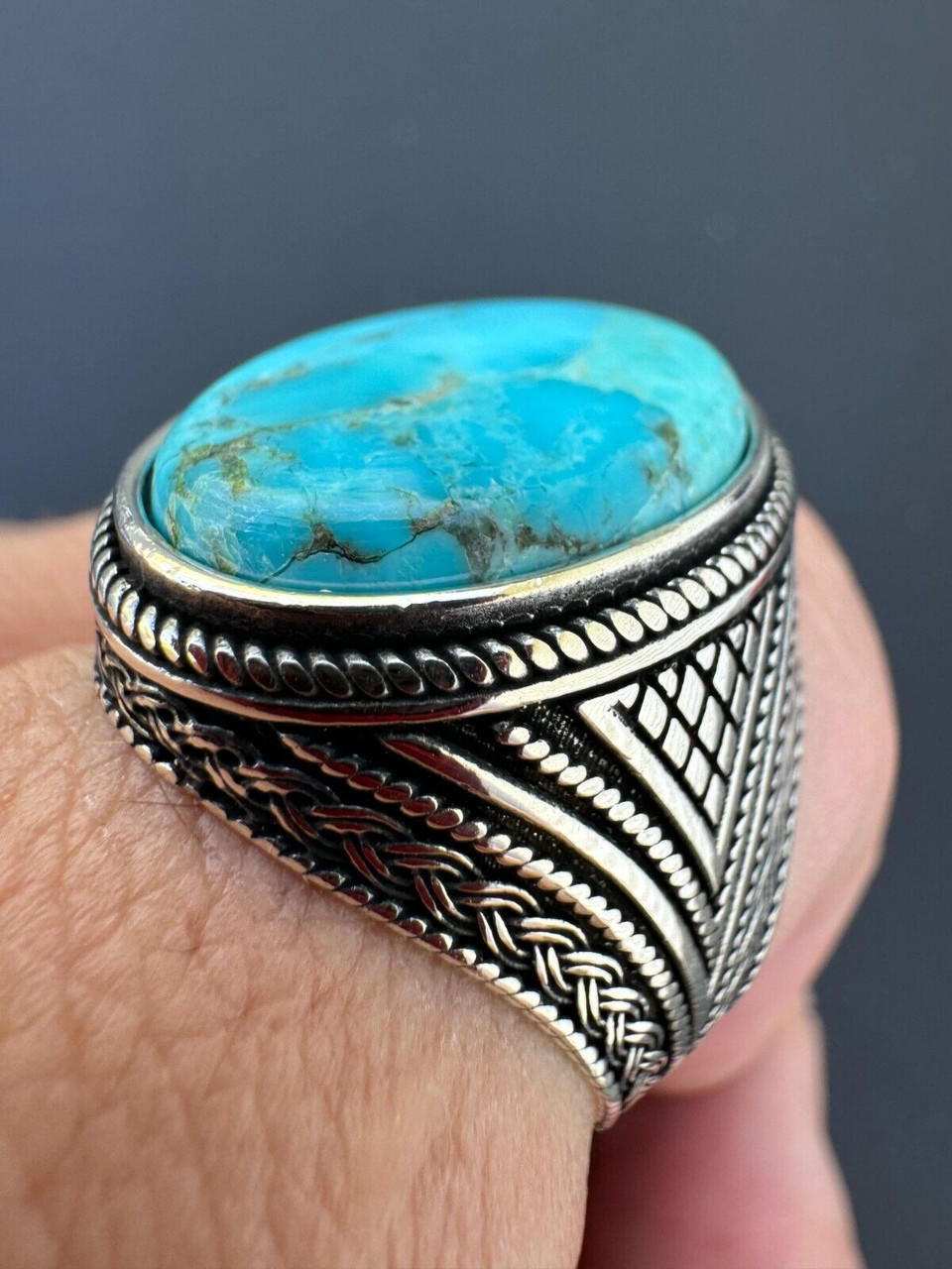 Natural Turquoise Mens Real Solid 925 Silver Handmade Oval Native ...