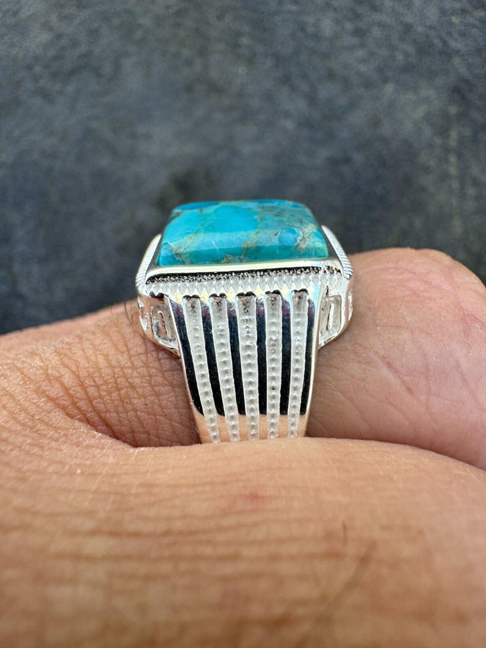 Blue Genuine Turquoise Stone Mens Real 925 Silver Ring Size 6 7 8 9 10 