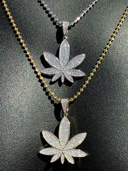 Mens Solid 925 Silver Real Icy Marijuana Weed Pot Leaf Diamond