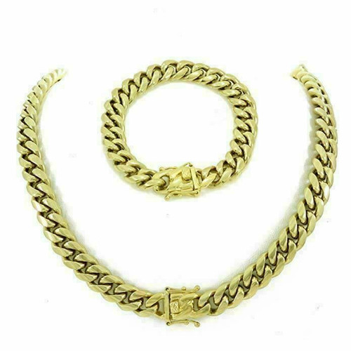 12mm Mens Miami Cuban Link Bracelet & Chain Set 14k Gold Over Stainless ...