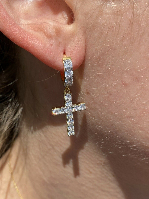 Diamond Cross Huggie Earrings in 14k Gold - KAMARIA