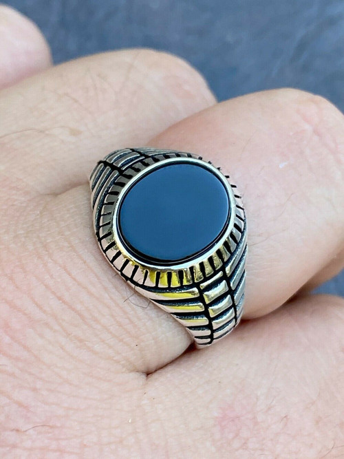 Mens 14k Gold Plated Real Solid 925 Sterling Silver Black Onyx Round Signet  Ring