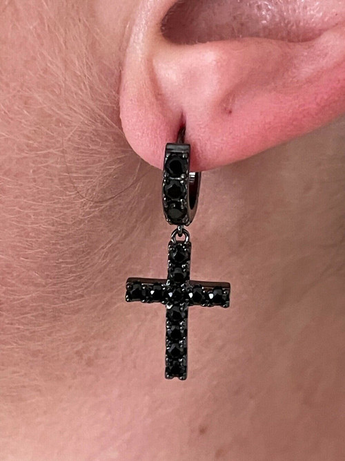 Vasilios | Black Stainless Steel St. James Cross Hoop Earring | In stock! |  Lucleon