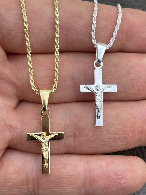925 Sterling Silver Plain Gold Cross Jesus Crucifix Pendant