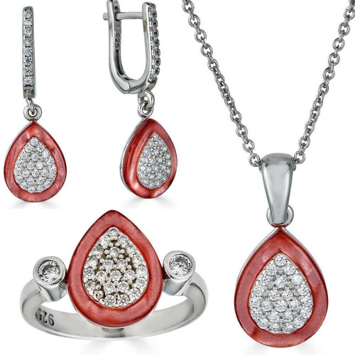 Real 925 Silver Teardrop Diamond Pink Pearl Ring Necklace