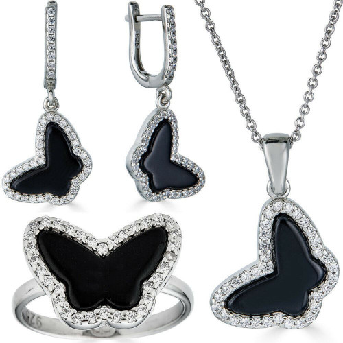 Solid 925 Silver Butterfly Black Onyx Ring Necklace