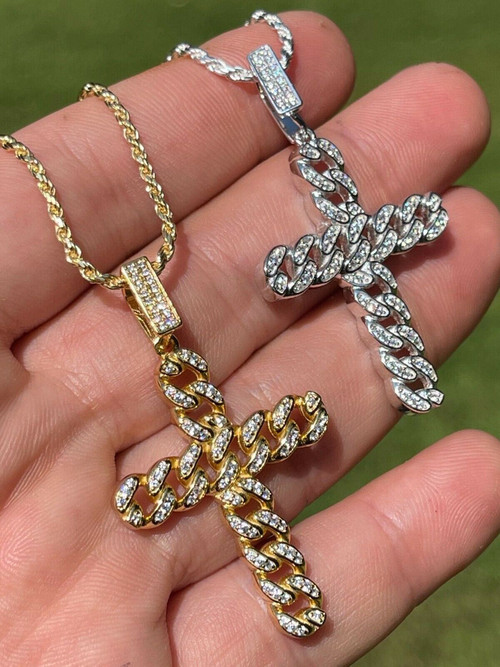 Real 925 Silver / Gold Cuban Link Cross Pendant Iced Hip Hop Diamond  Necklace