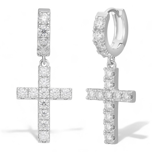 MOISSANITE Dangling Cross Iced Out Earrings Dangle Hoop