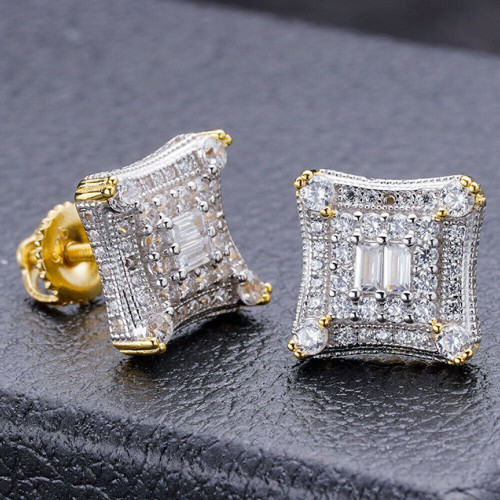 Square Kite Earrings Iced CZ Hip Hop Mens Ladies Real 14k Rose Gold Plated