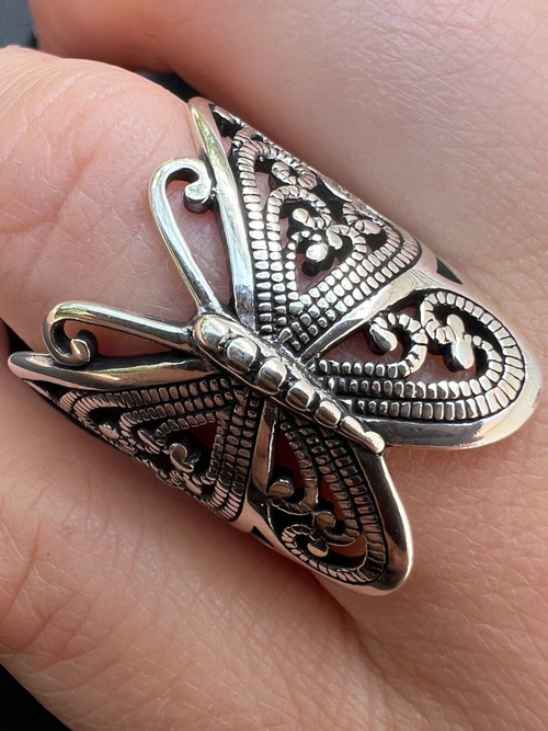 Solid 925 Sterling Silver Large Butterfly Ring Oxidized Rhodium
