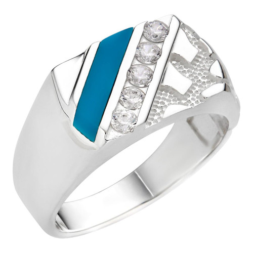 Solid 925 Sterling Silver Men's Ring With Blue Turquoise & CZ – Hip Hop Pinky Ring