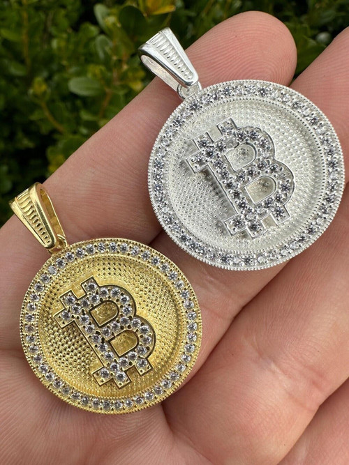 Real 925 Silver 14K Gold Plated Iced Letter B BITCOIN CZ