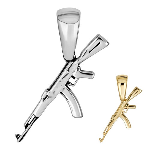 Real Solid 925 Silver / 14k Gold Mens AK47 Gun Rifle Gangster