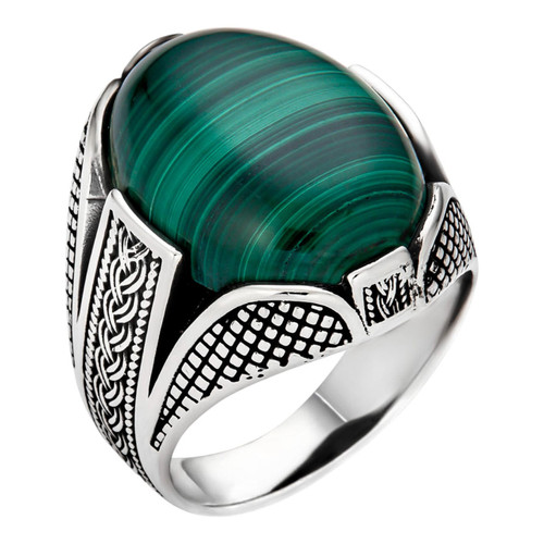 Wealth Ring 925 Silver Oxidized Genuine Green Malachite Stone