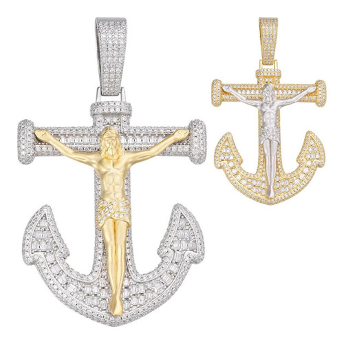 MOISSANITE Jesus On Anchor Cross Pendant - 14k Gold Vermeil or 925