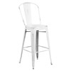 30” High Distressed White Metal Indoor-Outdoor Barstool with Back