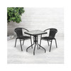 23.5” Square Glass Metal Table with 2 Black Rattan Stack Chairs
