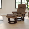 Contemporary Multi-Position Recliner and Curved Ottoman with Swivel Mahogany Wood Base in Palimino LeatherSoft