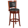 30” High Dark Cherry Wood Barstool with Open Panel Back and Walnut LeatherSoft Swivel Seat