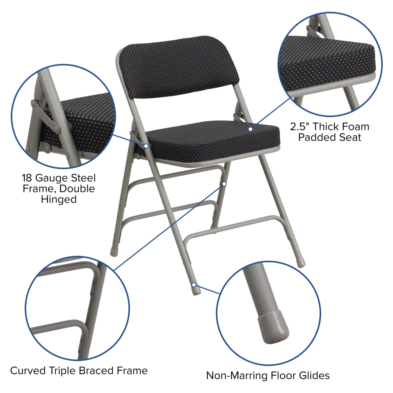 4 Pack Hercules  Series Premium Curved Triple Braced & Double Hinged Black Pin-Dot Fabric Metal Folding Chair