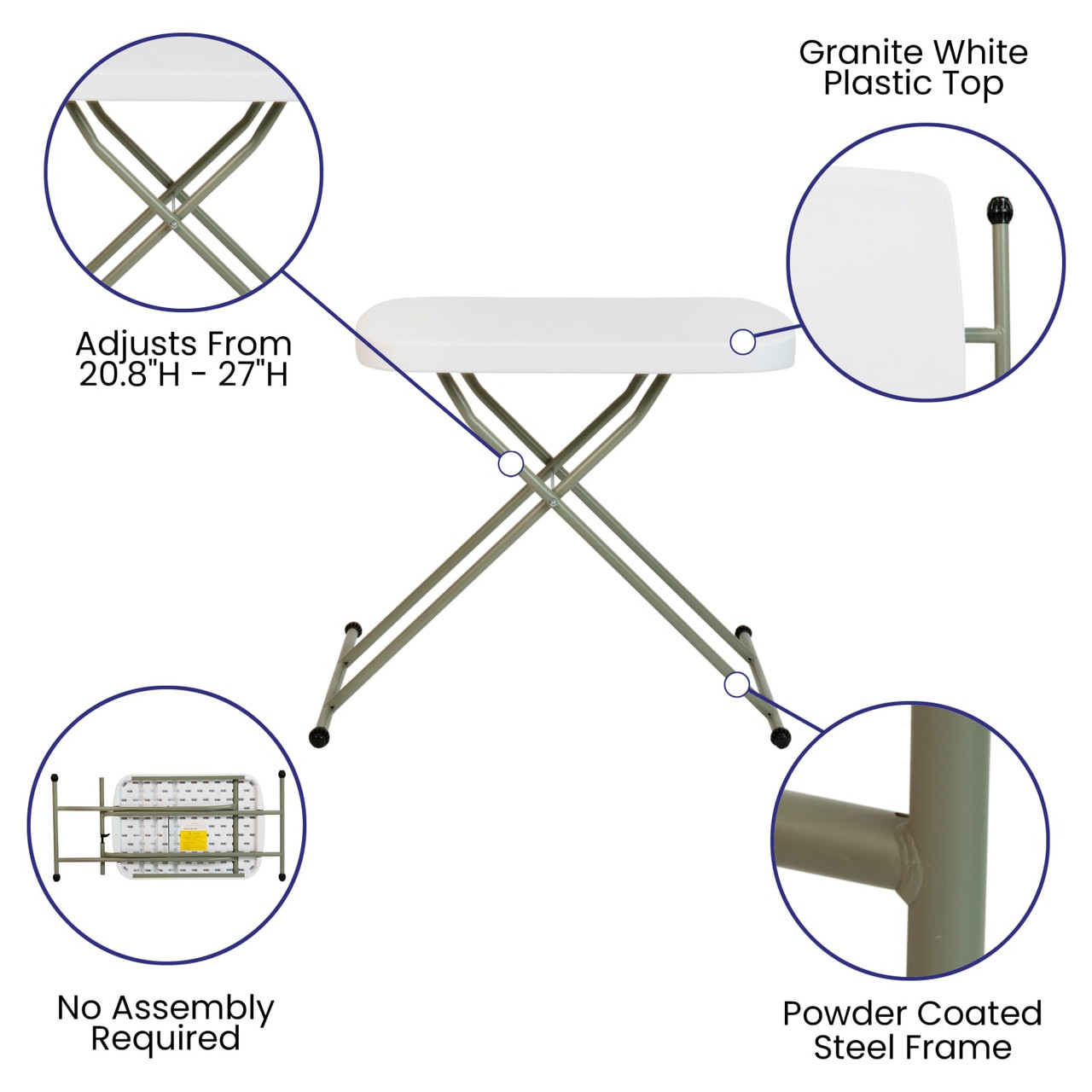 26 Inch Granite White Indoor/Outdoor Plastic Folding Table, Adjustable Height Commercial Grade Side Table, Laptop Table, TV Tray