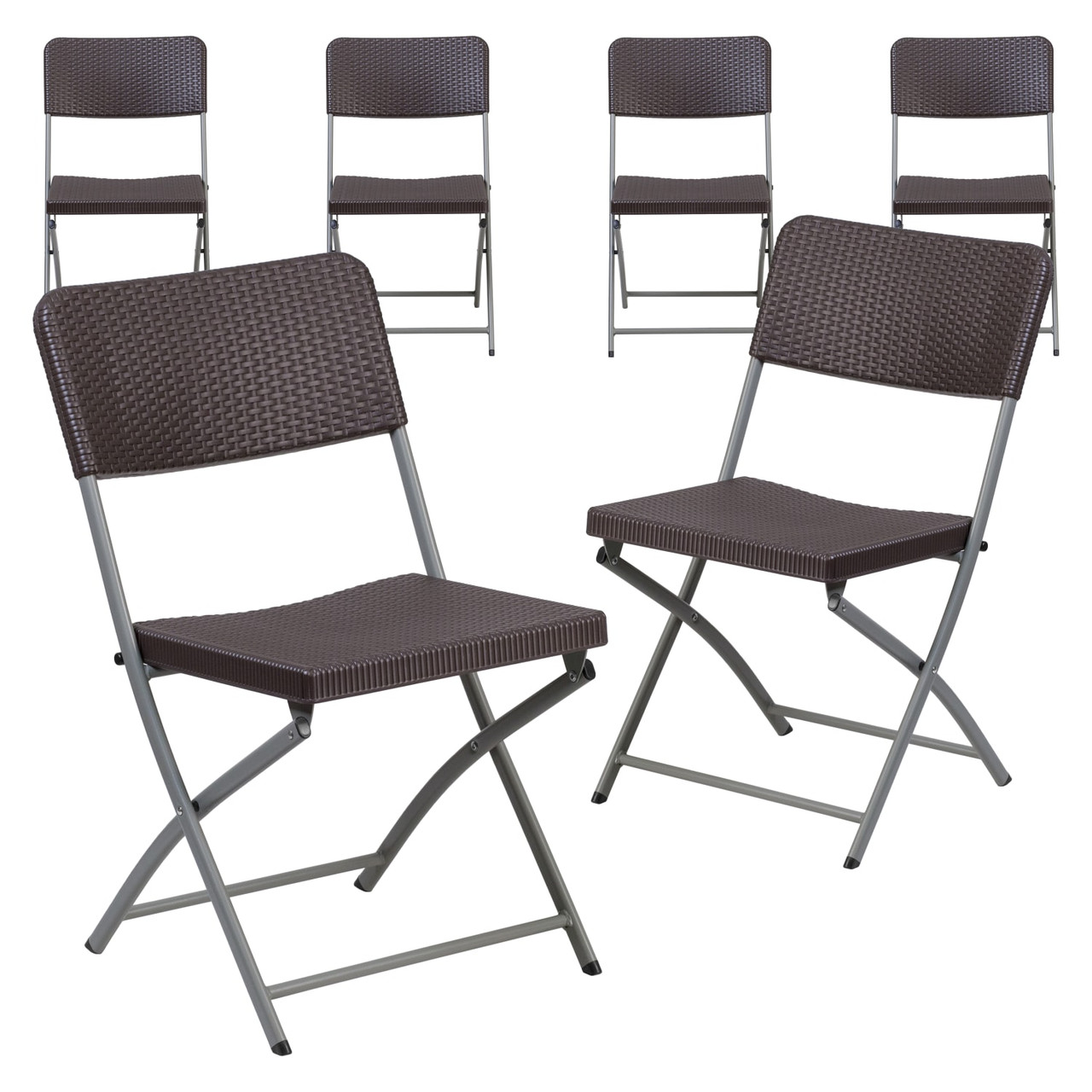 6 Pack Hercules  Series Brown Rattan Plastic Folding Chair with Gray Frame
