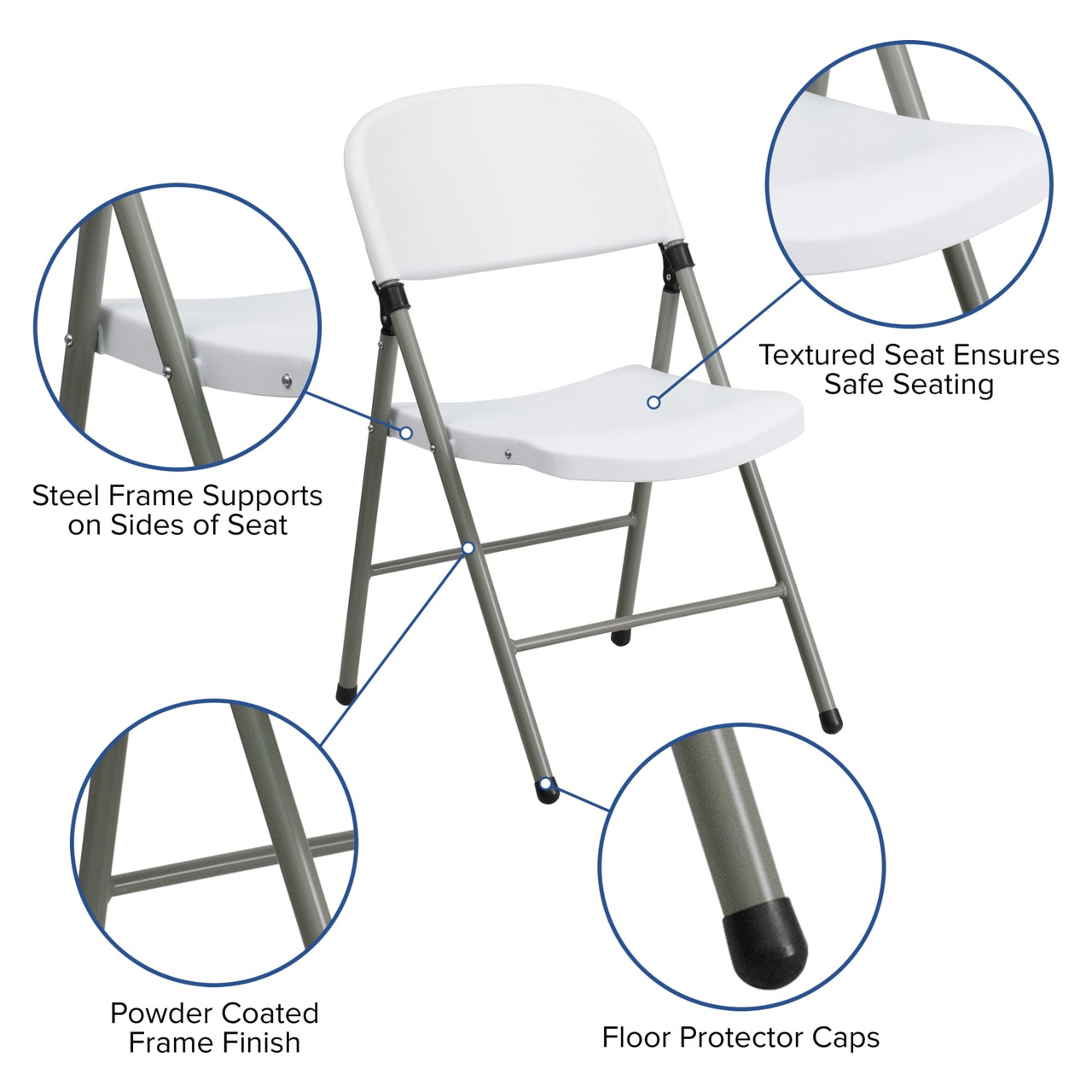4 Pack Hercules  Series 330 lb. Capacity White Plastic Folding Chair with Gray Frame